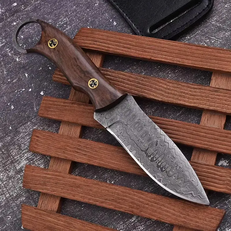 Full Tang Hand Forged Damascus Steel Fixed Blade Camping Knife with Rose wooden Handle and Leather Sheath for Easy To Carry and Fast Cutting