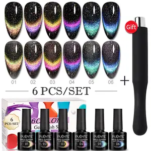 PUENTE 6pcs/set Reflective Glitter Rainbow Cat Eye Gel Nail Polish With Magnet Semi-Disco Flashing Pink Blue Purple Glitter Soak Off UV Nail Art Varnish Cured Manicure Kit For Home Nail Salon Gift For Women