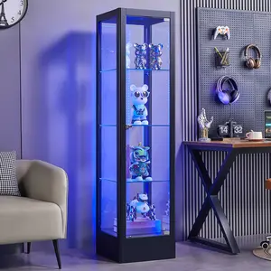 Tempered Glass Display Cabinet with LED Light 4-Tier Adjustable Shelves Metal Display Case 63" Curio Storage Cabinet Black Unique Bedroom Furniture