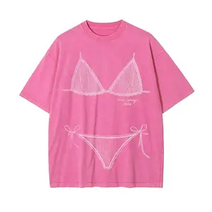 Women's Bikini Illusion Graphic Washed T-Shirt, Oversized Y2K Coquette Funny Print Short Sleeve Tee, Cute Summer Casual Tops