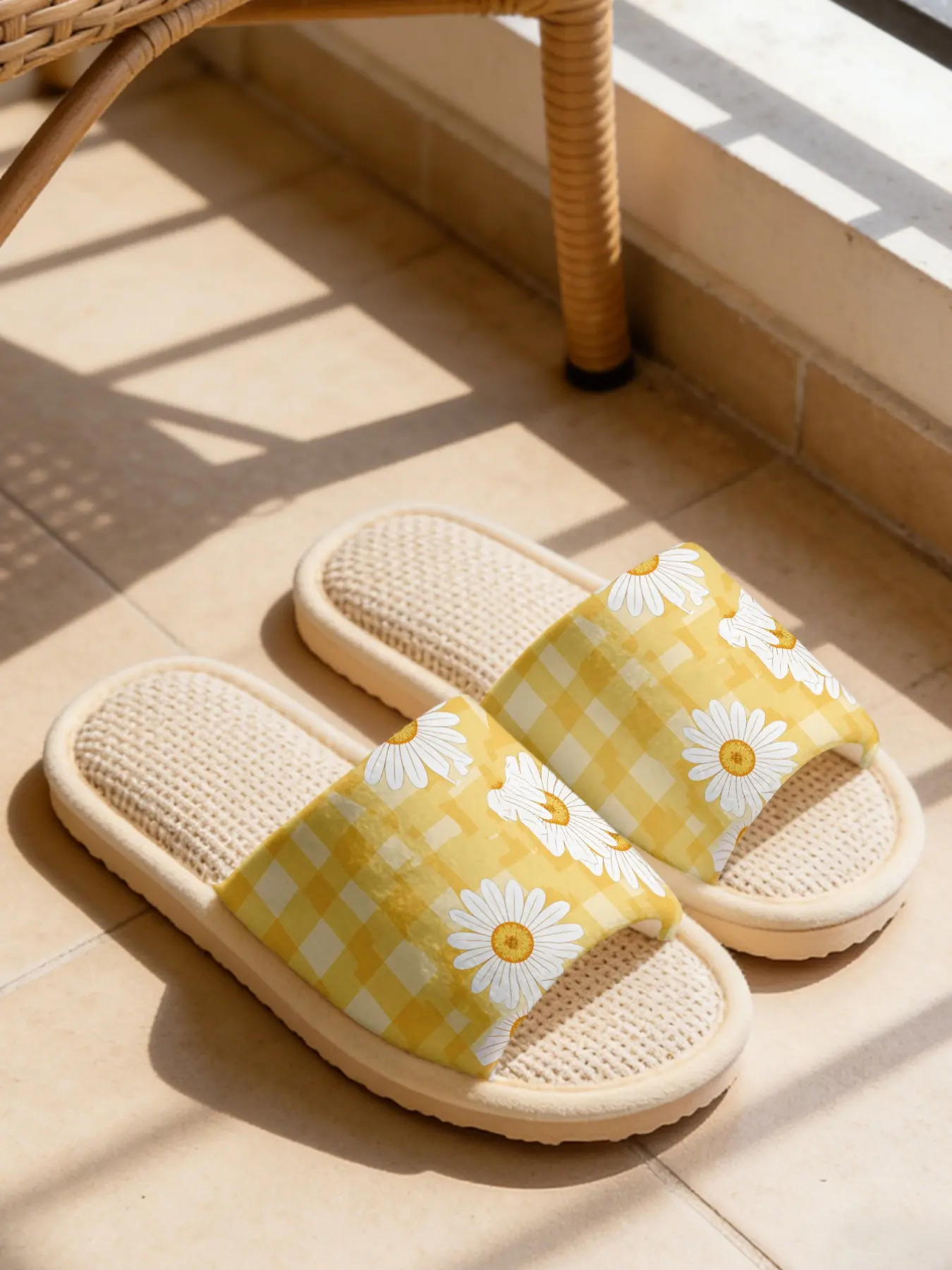 Yellow Plaid Daisy Print Linen Slippers Cloud-Feel Fresh Vitality Style Must-Have For Daily Commute & Literary Youths With Breathable Non-Slip