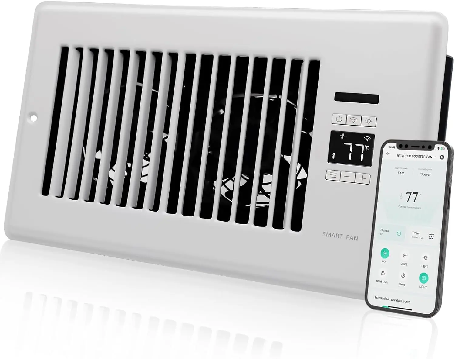 White Rectangular Steel Alloy Smart Register Booster Fan for 6"x10" Holes, 2026 Super Quiet Model with 140 CFM Flow, Dual Intelligent Thermostat, WiFi App & Remote Control for Heating/Cooling AC Vents, Wifi Remote