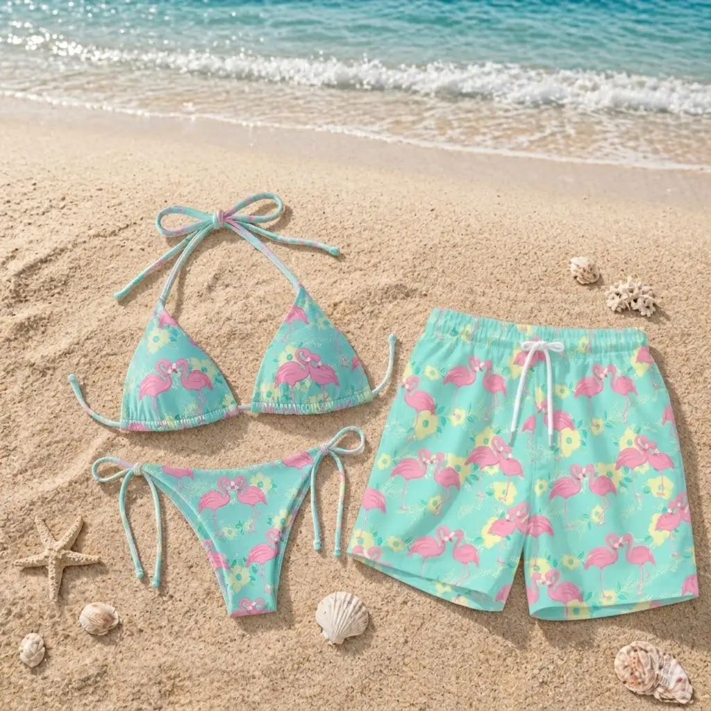 Matching Couples Mint Flamingo Floral Swimwear Set, Women’s Tie-Side Triangle Bikini and Men’s Drawstring Swim Trunks, Tropical Beach Vacation Outfit