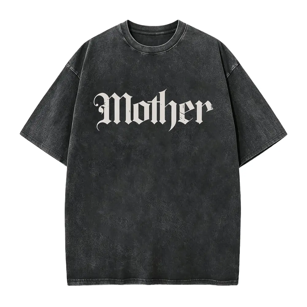 Gothic Graphic T-Shirt for Women, Loose Fit Digital Print with "Mother" Lettering, Short Sleeve Grunge Cotton Blend Streetwear