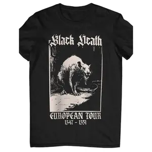 Black Death Medieval Rat Print Short Sleeve T-Shirt 100% Cotton Relaxed Fit Unisex Apparel with Vivid Graphics