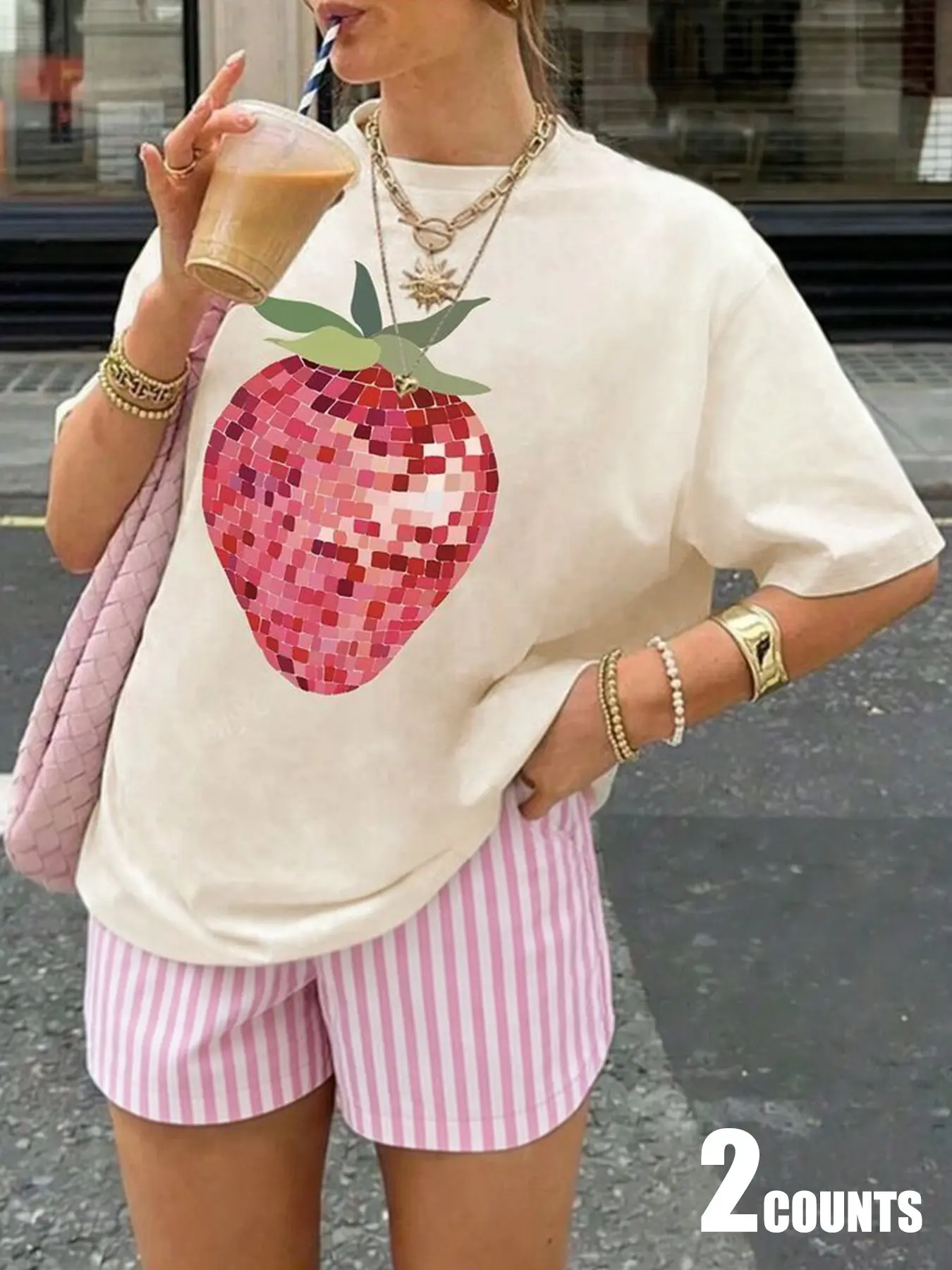 Women's Cartoon Strawberry Print Round Neck T-Shirt + Striped Shorts Set, Outfit Casual Loose-Fitting for Daily Wear, Summer, Outdoor & Vacation