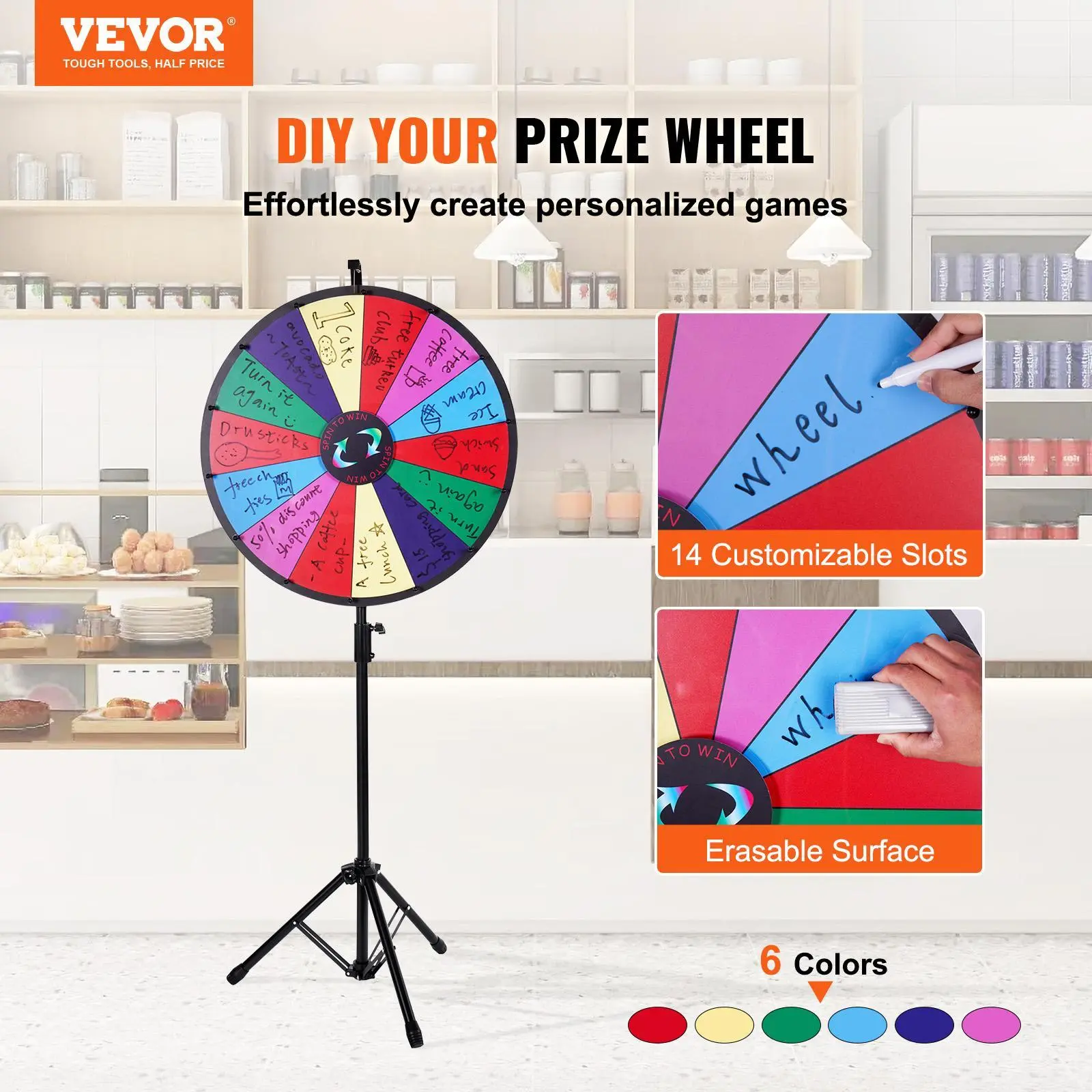 【Summerfinds】VEVOR 24 inch Spinning Prize Wheel 14 Slots Spinning Wheel with Height Adjustable StandRoulette Wheel with a Dry Eraseand a Storage BagWin Fortune Spin Games in Party Pub Trade Show Carnival