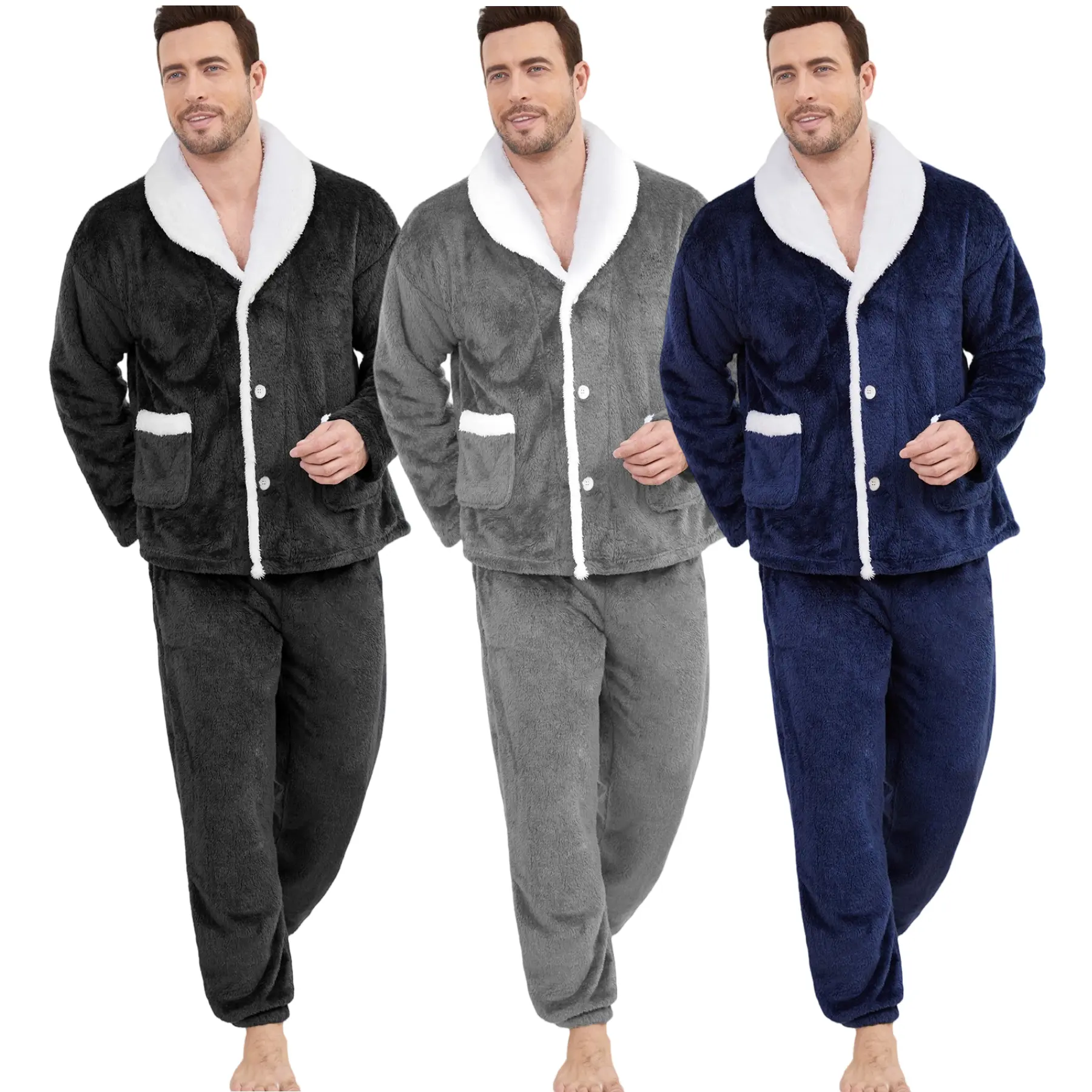 Gihuo Mens Button Down Pajama Sets Lounge Sleepwear Fuzzy 2 Piece Pjs Set Fleece Lounge Set Fluffy Pants Set Classic Menswear