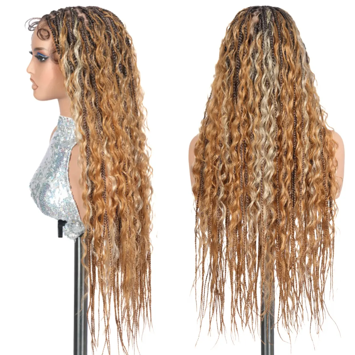 Caramel Honey Glow Boho Braided Wig 28 Inch, OT4/27/24 Honey Caramel Blonde Highlight Full Lace Wig, Pre-Cut Lace Glueless Wig with Drawstring Cap & Adjustable Straps, Natural Looking Protective Style for Black Women