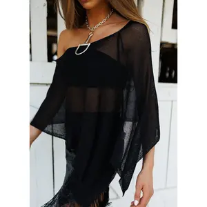 "Solei" Knit Asymmetric Poncho in Black