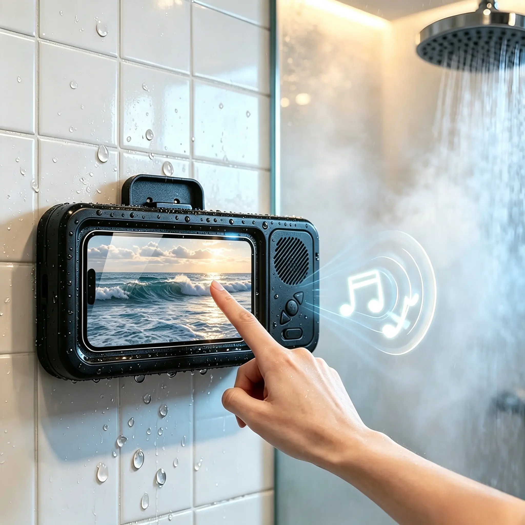 Shower Phone Holder with Bluetooth Speaker, Waterproof Touch Screen Phone Case, 360° Rotation Wall Mount Bathroom Phone Stand for TikTok/Streaming