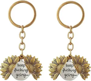 Keep Going Sunflower Keychain, Engraved Sunflower Keychain Pendant Meaningful Inspirational Jewelry for Women