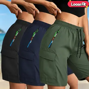 Summer Women's New Casual Cargo Shorts Knee-length Pants with Drawstring Waist, Gradient Zipper Pocket, Cargo Pocket, Lightweight for Daily Casual Wear Bottom Womenswear