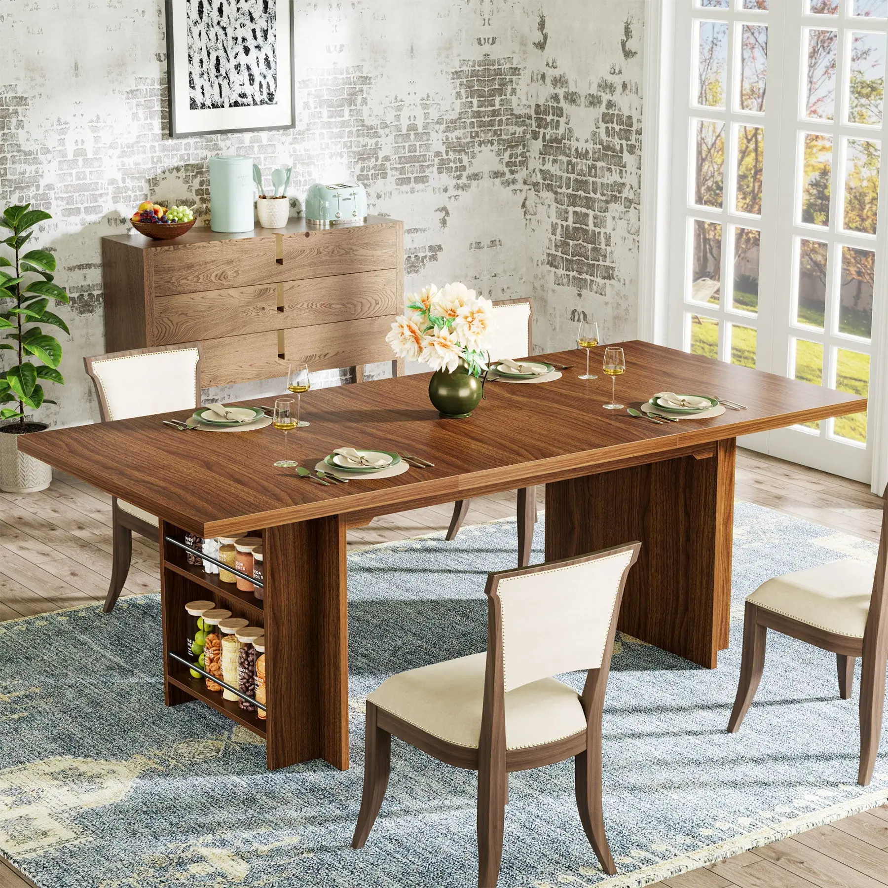 Spaco Farmhouse Dining Table for 6-8 ,63-Inch Industrial Wood Table with Storage Shelves, Rectangular Kitchen & Dining Room Table