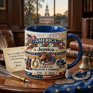 Horse Lover Patriotic Mug 2D Printed 3D Effect Custom Name Ceramic Coffee Cup With American Flag Horse Boots Horseshoe Freedom Design For Women 250th Anniversary 1776-2026 Gift Keepsake