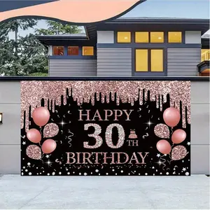 1PC,2D Flat Rose Gold Glitter 30th Birthday Backdrop, Black Party Decor Background with Balloon & Diamond Elements, Photo Booth Backdrop for Adult 30th Birthday Party Decoration, Photography Prop f