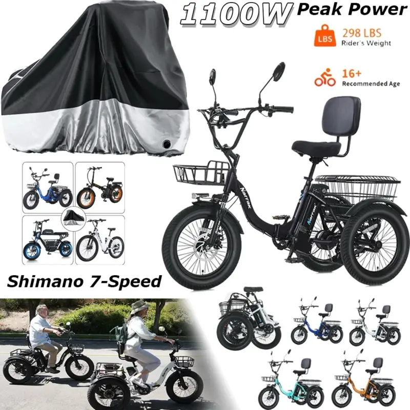 NARRAK Adult Fat Tire Folding Electric Trike, 1100W Motor, Removable Battery, Models N6-N3