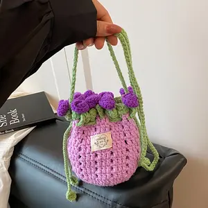 Handmade Crochet Flower Crossbody Bag for Women - Korean Style Adjustable Strap Bucket Purse with Drawstring Closure, Lace Trim, White/Pink/Violet, Compact Phone Bag for Everyday Essentials, Crochet Bag, Shopping Accessory, Fabric Construction