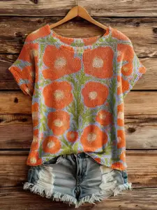 Elegant Boho Style Knit Top for Spring Fall, Loose Round Neck Short Sleeve Floral Print Women's Clothing, Casual for Daily Wear