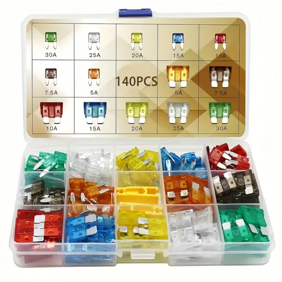 140pcs Transparent Zinc Alloy Automotive Fuse Kit with 2pcs Puller - Standard & Mini Blade Assortment (5A-30A,10A,20A) for Protection, Travel Trailer (ATC/ATO Compatible)