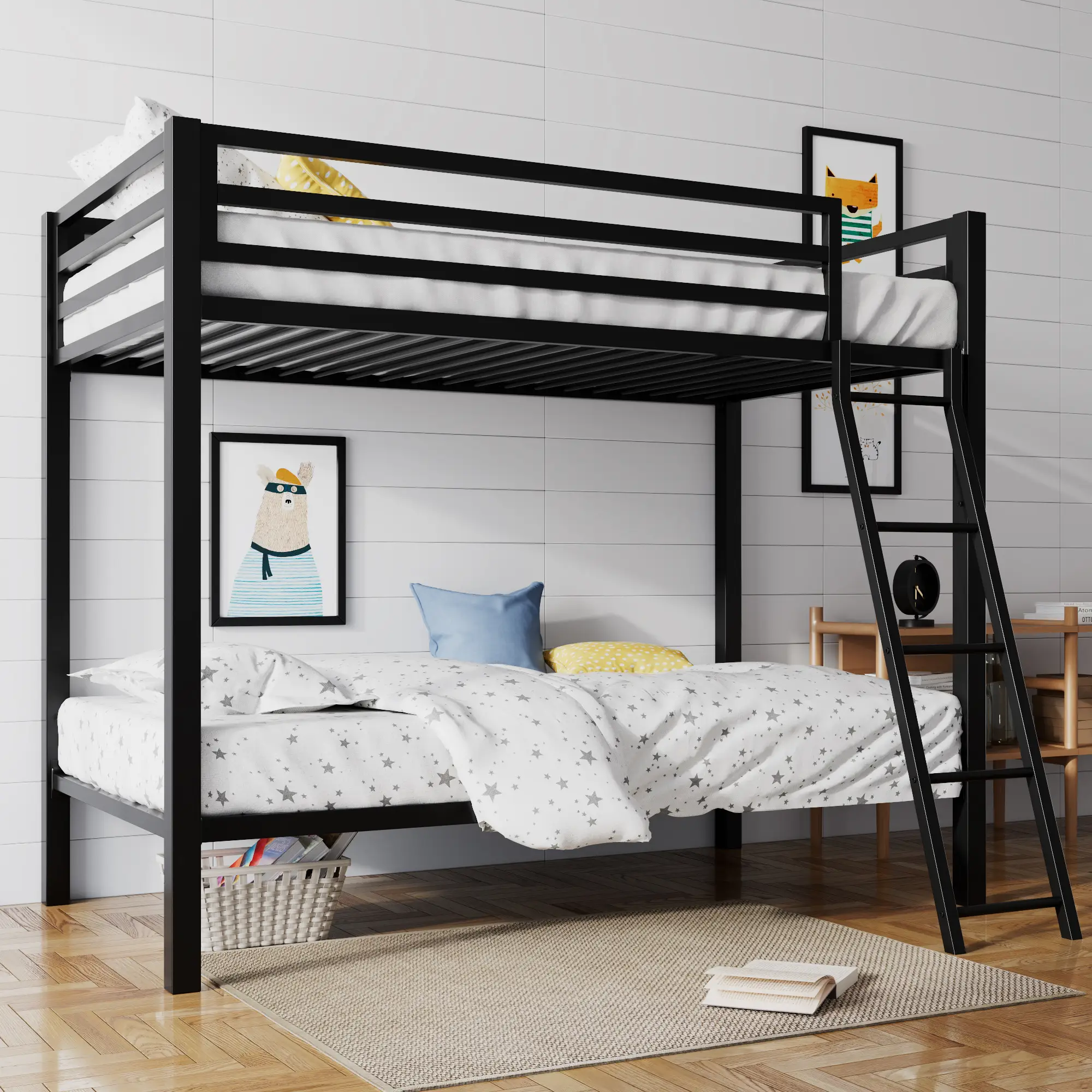 SHA CERLIN Twin Over Twin Metal Bunk Bed |【Frame Only No Mattress】Industrial Design with Inclined Stairs & Full-Length Guardrail/Space-Saving, Easy to