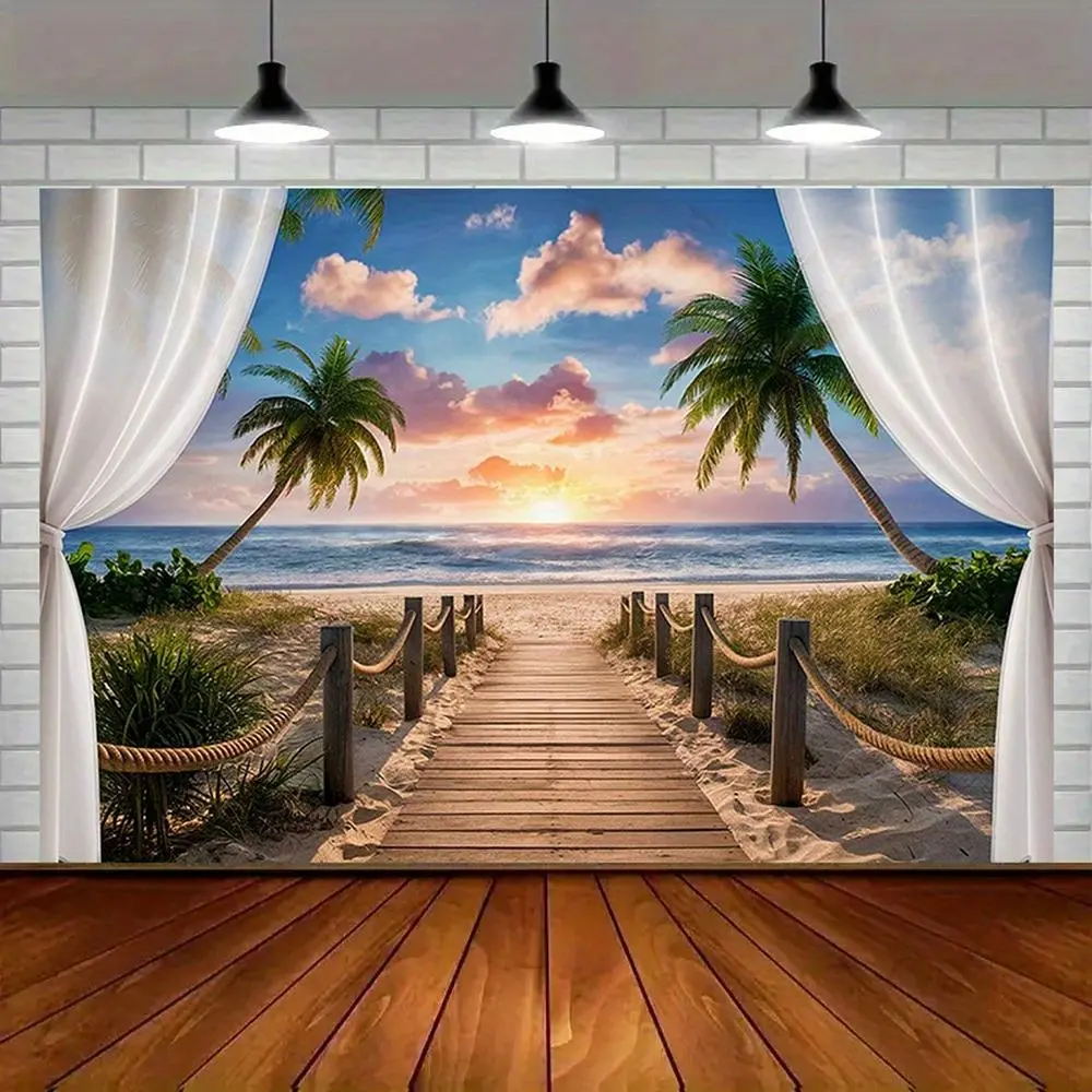 1pc Modern Farmhouse Tropical Print Polyester Outdoor Banner - 75g/m² 100% Polyester, Palm & Sunset Amber Glow Design, 3D Wooden Landscape Wall Ornament, Decorative Festive Backdrops & Banners for Birthday Party Home Decoration (Spring-Summer Use), Outdoo