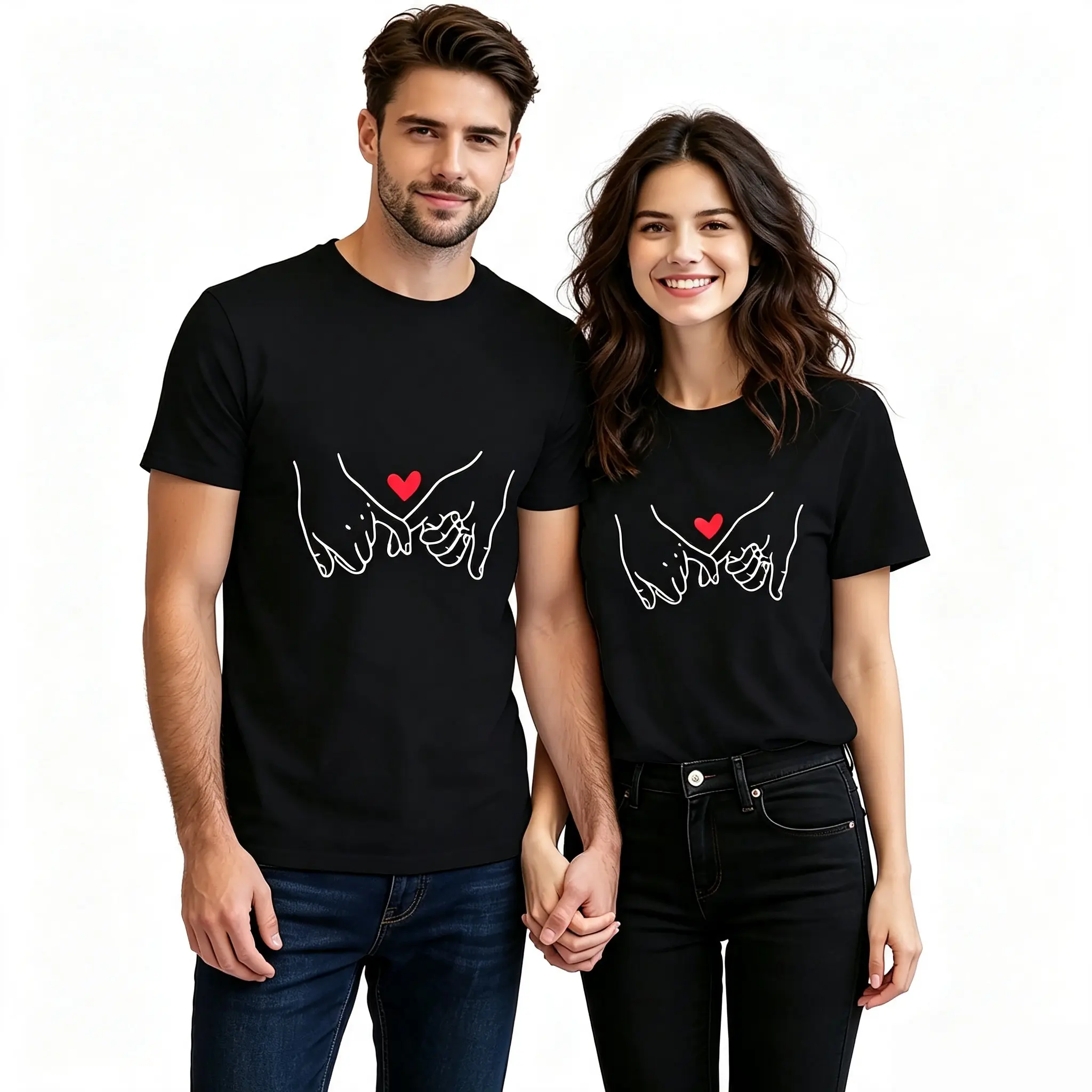 His & Hers Matching Couple's T-Shirts - Geometric Heart Hands Print Light Grey Stretchy Round Neck Short Sleeve Tees, Machine Washable All-Season Casual Comfort for Couples, Couple Outfits, Trendy Tshirt, Breathable Tee, Unisex Tshirt, Fashion Enthusiasts