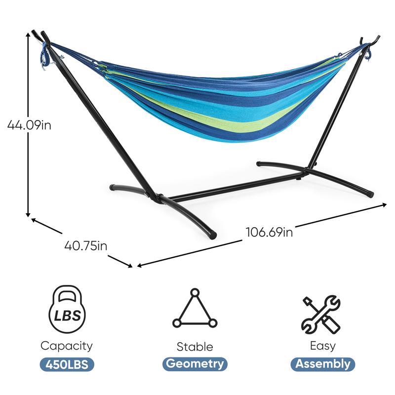 Double Hammock with Space Saving Stand, Heavy Duty Steel Frame, Portable for Outside & Indoor Use, 450lbs Capacity, Easy Assembly, Carrying Bag Included