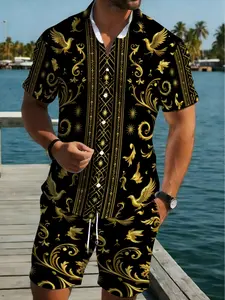 The men's black and gold Darcyki suit features a lightweight short-sleeved shirt and shorts, adorned with exquisite patterns in an African style. It is suitable for family gatherings and casual wear. The design emphasizes comfort and durability, and there