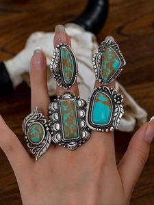 vintage turquoise texture decorated ring set, western style rings, fashion accessories for women & girls, trendy all-match & exquisite jewelry for birthday gift