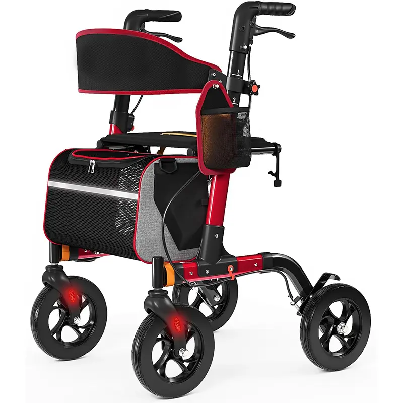 Rollator Walker for Seniors with 18" Seat, 350 lb Capacity, 8" All-Terrain Wheels, 6-Level Height Adjustment, Lightweight Aluminum Frame, Red