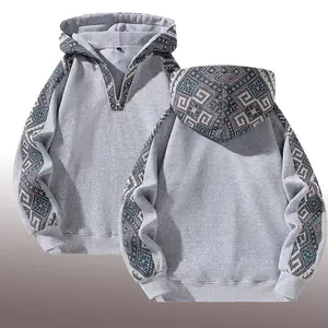 Thick knit men's half zip hooded sweatshirt with patchwork contrasting design - retro ethnic style, slim fit, warm and comfortable autumn clothingRAIMENTRY