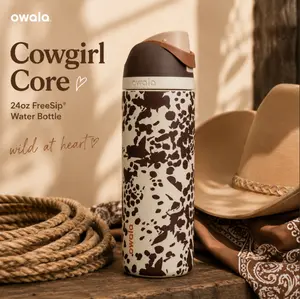 Owala Cowgirl Core 24oz FreeSip Stainless Steel Water Bottle Western Cow Print Leakproof Insulated Travel Bottle Gift for Women