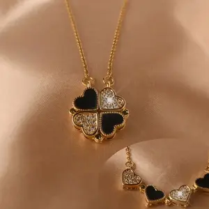 Lucky Clover 18k Stainless Steel Necklace with Black Heart Design and Sparkling Accents
