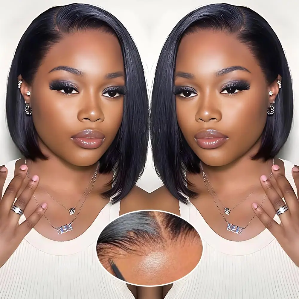 Straight Bob Glueless Human Hair Wig, Wear And Go 4x4 HD Lace Closure Wig Pre Plucked Hairline 100% Real Human Hair For Women Daily Use