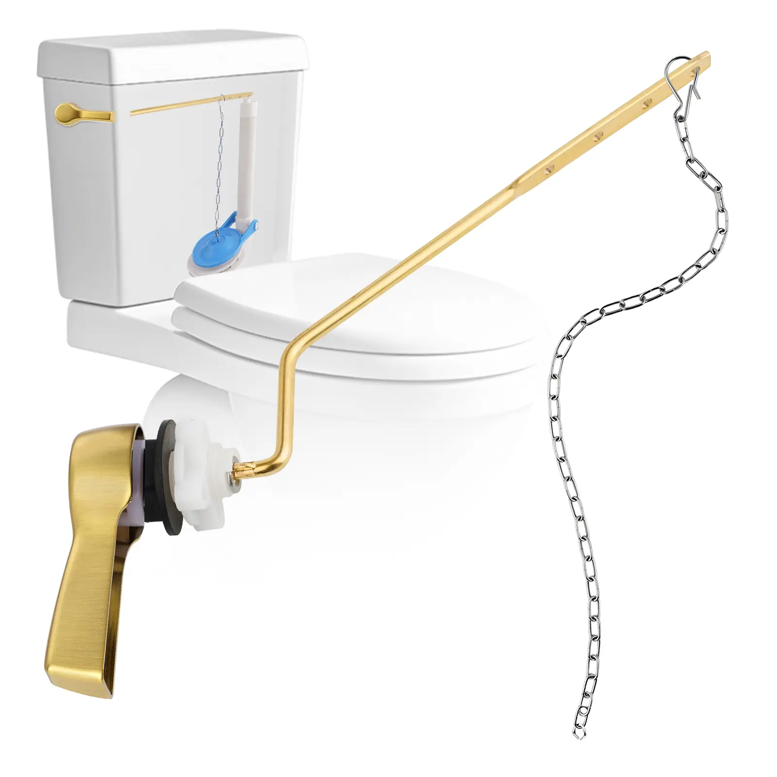 Hibbent Universal Solid Brass Brushed Gold Side-Angle Mount Toilet Flush Lever-Chain Replacement Kit, Stainless Steel Adjustable Flapper Chain for Most Flushing Systems
