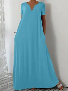 Spring Summer Elegant Simple Fashion Solid Color Short Sleeve V Neck Dress, Loose Fit Comfortable Long Dress for Women
