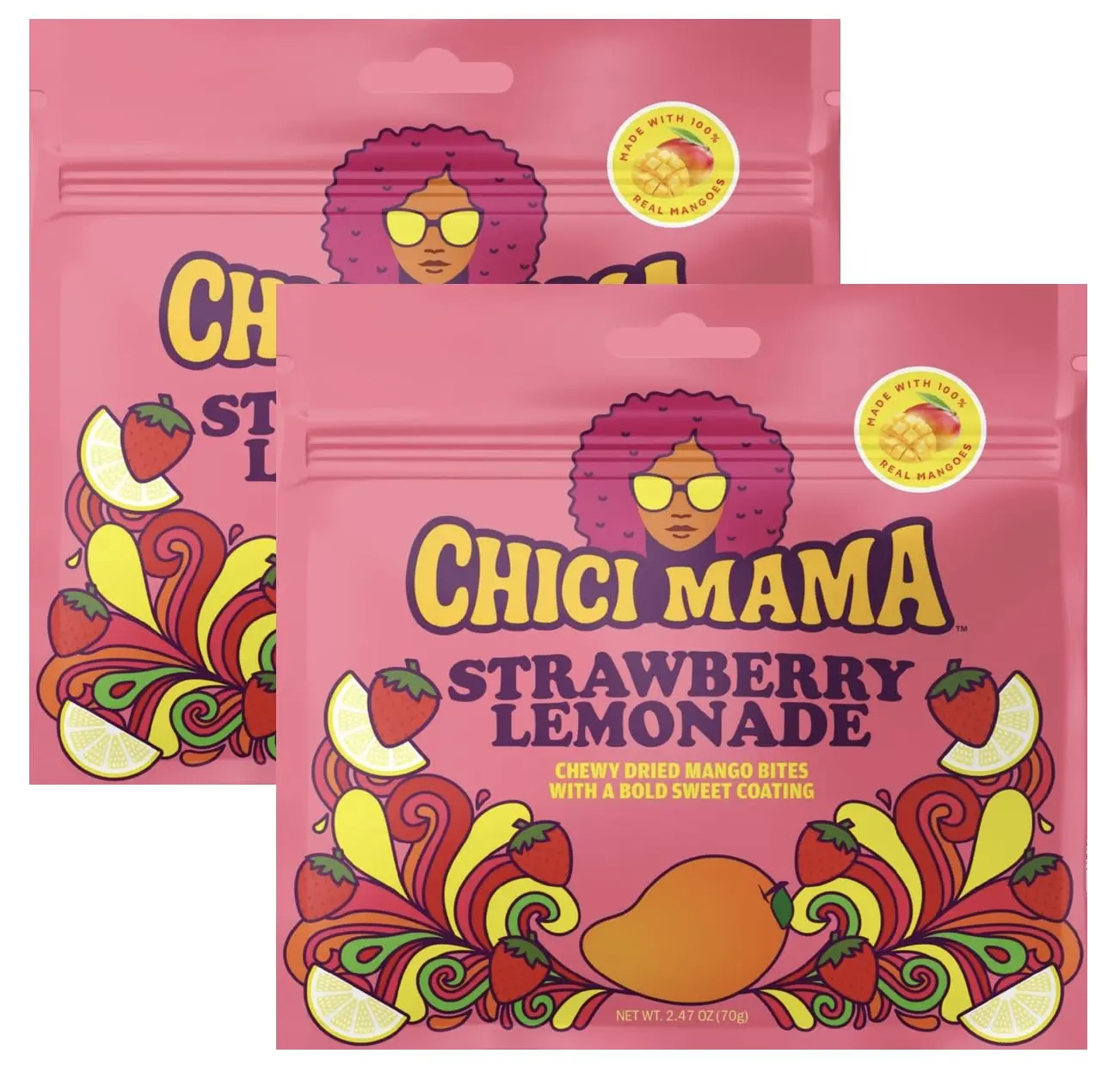 Chici Mama Strawberry Lemonade Mango Bites, Real Mango Chewy Fruit Snack, Gluten Free, Vegan, No Artificial Colors or Flavors, Allergen Friendly, Better Snack, 2 Pack 70g