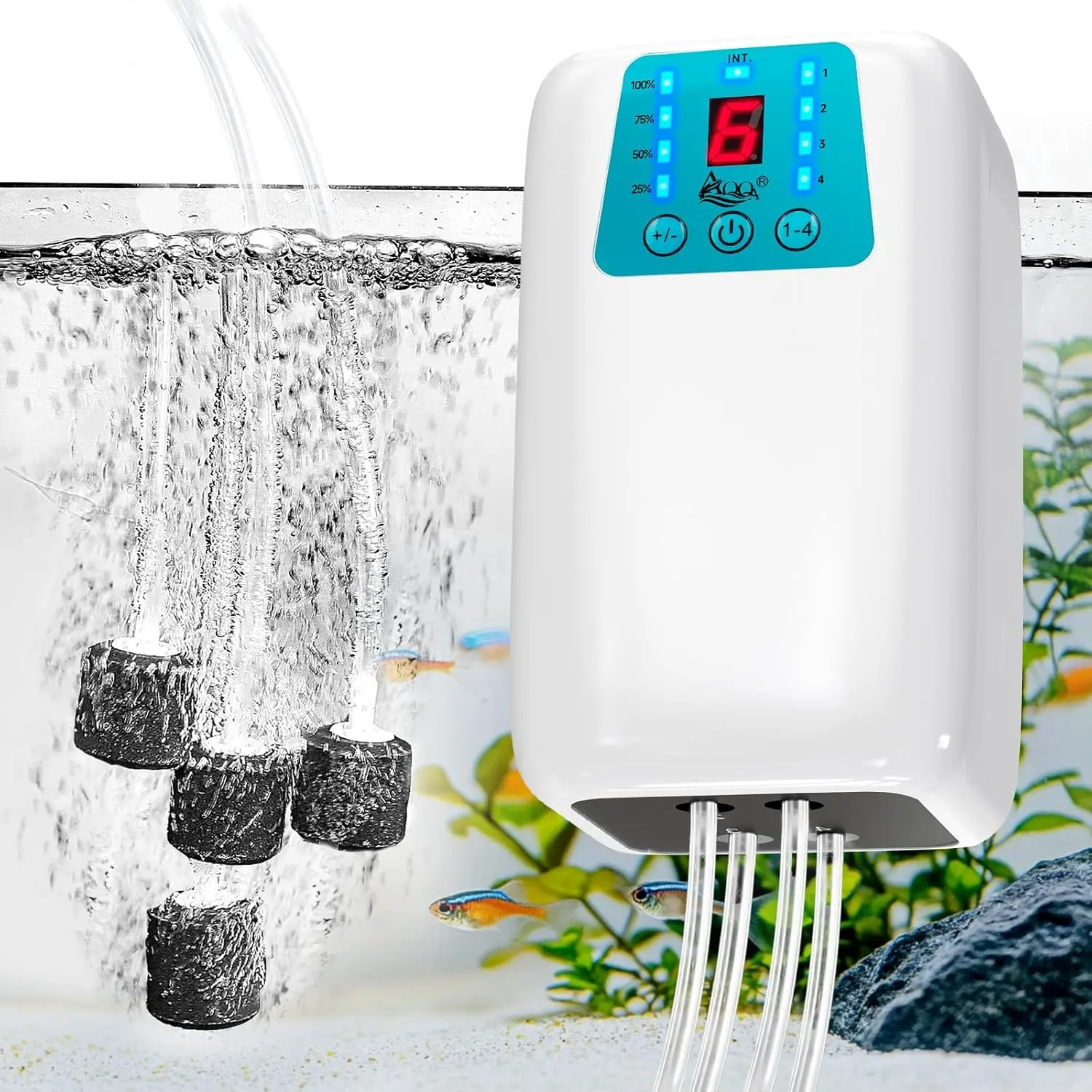 AQQA 8W 280GPH Battery Powered Aquarium Air Pump, USB Rechargeable Quiet Aerator Independently Control 1-4 Outlets & 6-Level LED Display,2 Modes(Continuous/Intermittent) for Fish Tank,Outdoor Fishing