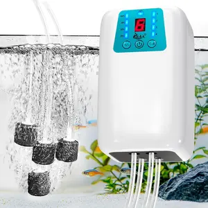 AQQA 8W 280GPH Battery Powered Aquarium Air Pump, USB Rechargeable Quiet Aerator Independently Control 1-4 Outlets & 6-Level LED Display,2 Modes(Continuous/Intermittent) for Fish Tank,Outdoor Fishing