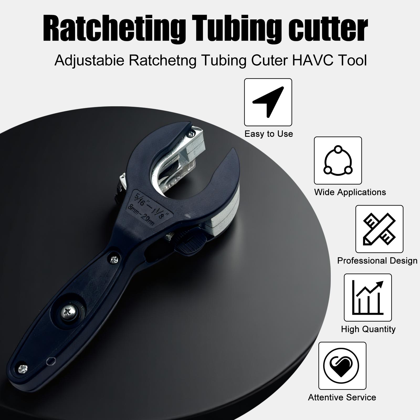 Ratcheting Tubing Cutter, 2-in-1 Compact Pipe Cutter for 5/16" to 1-1/8" Copper, Aluminum and Stainless Steel Tubing, One-Hand Fast Cutting Tool for Plumbing
