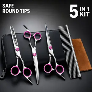 5-in-1 Stainless Steel Dog Grooming Scissors Kit, Ergonomically Designed Safety Round Tip Shears with Safety Edges, Curved & Thinning Shears, Cleaning Cloth Included (Pink)