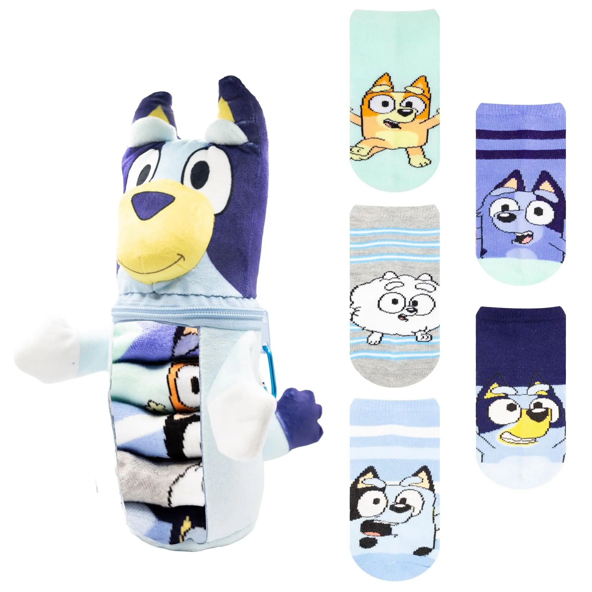 Bluey Socks 5-Pack Gift Box with Plush Pencil Case, Soft Stretch Cotton Socks for Boys & Girls Ages 4-8, Elastic Stretch, Soft Cotton, Machine Washable, Character-Themed Calf Socks