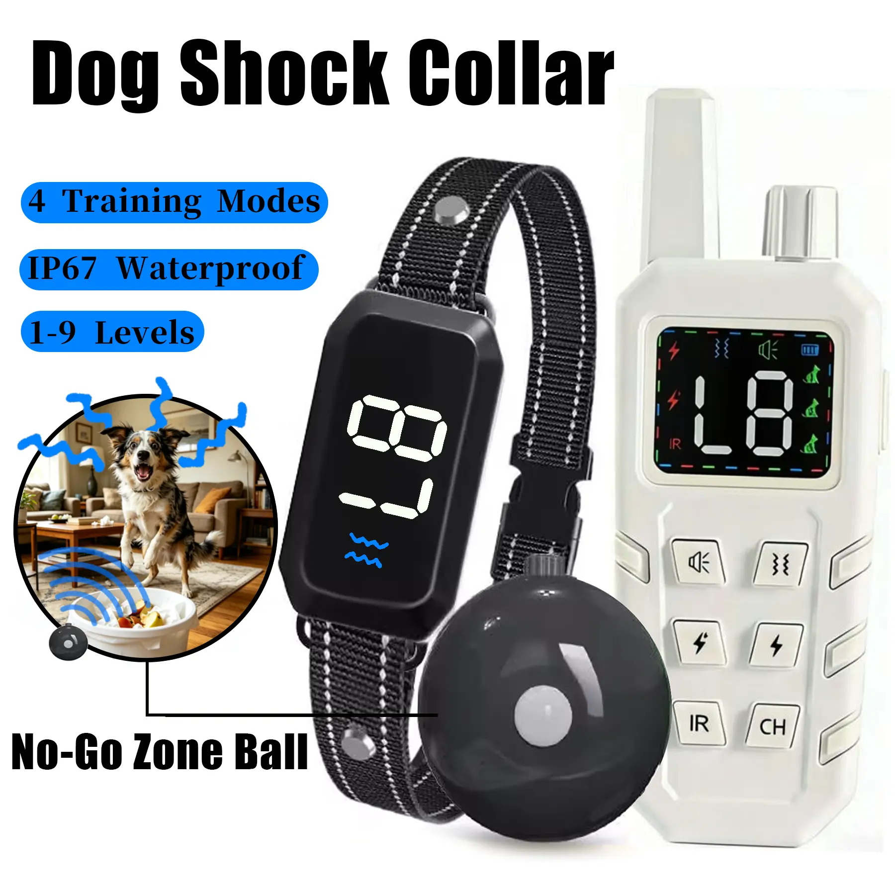 Dog Shock Training Collar for All Breed Sizes - Waterproof Rechargeable, Adjustable Beep-Vibration-Shock Levels, No-Go Zone Ball, Security Lock, All Seasons, Fixes Lunging & Bad Behaviors