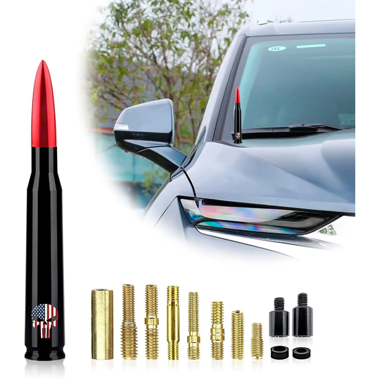 KDO 1 PC Car Truck Bullet Antenna, Skull Design Short Antennas, Antenna Replacement Compatible with Ford F150 Wrangler Jeep Chevrolet (Red)