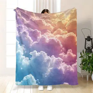 Soft Gradient Cloud Throw Blanket - Pastel Pink To Blue Design With Fluffy Clouds - Lightweight & Cozy All-Season Bedspread, Couch Cover, Camping Blanket - Washable Home, Travel, Gifts - Adults