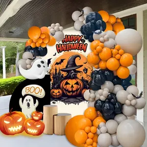 123 Halloween themed balloon arch set, orange, sand, white, black with 3D bat stickers, perfect for Halloween night party decoration, horror themed birthday and Christmas Eve decoration