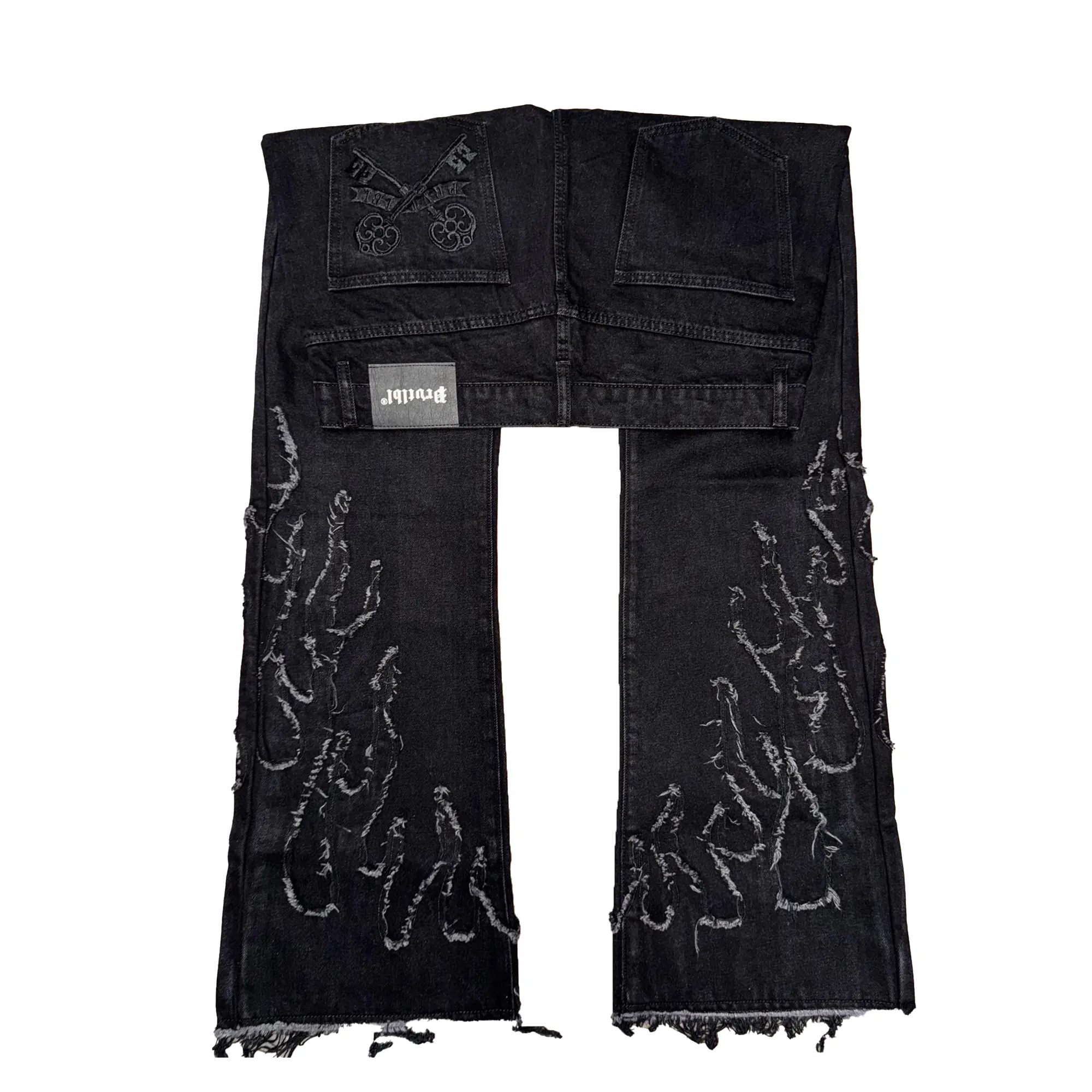 Black Flame Flare Jeans - Classic Denim with Hand Wash & Raw Edge Hem - Premium 100% Denim - Unique Flared Cut - Embroidered Branding - Exclusivity Streetwear