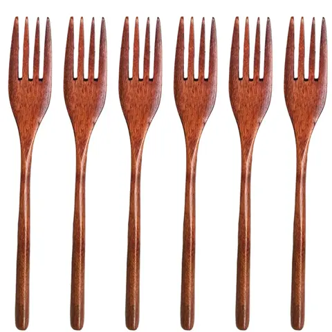 6 Pcs Minimalist Eco-friendly Japanese Plain Nanmu Wooden Forks - Reusable Handmade Scratch-safe Wood Kitchenware, Sturdy Lightweight Easy-to-clean Cutlery Set for Salad, Camping Tableware