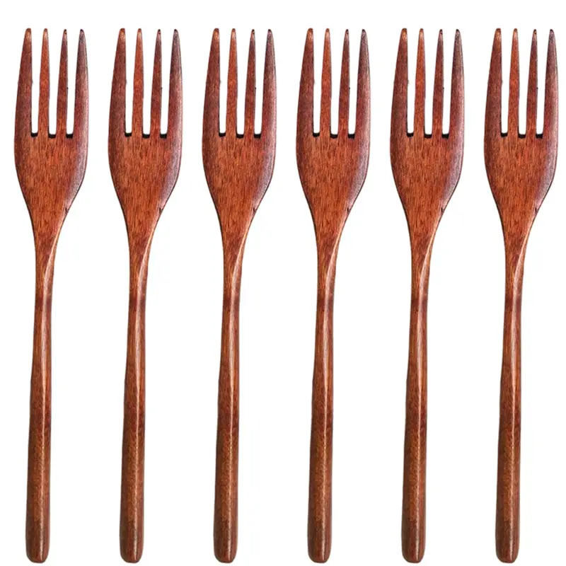 6 Pcs Minimalist Eco-friendly Japanese Plain Nanmu Wooden Forks - Reusable Handmade Scratch-safe Wood Kitchenware, Sturdy Lightweight Easy-to-clean Cutlery Set for Salad, Camping Tableware